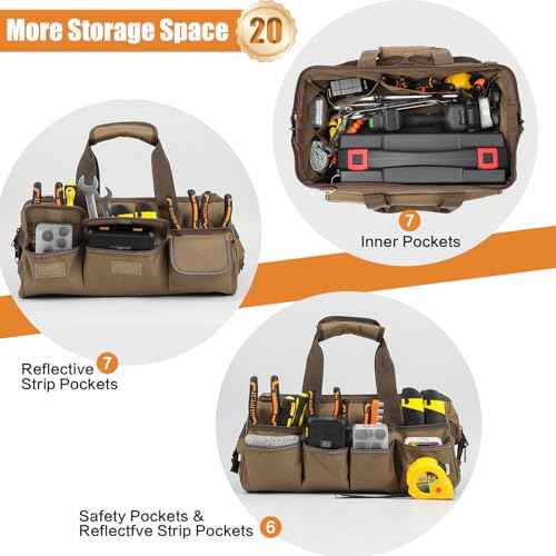 Smart Elf 15-Inch Tool Bag, 20-Pocket Portable Heavy-Duty Tool Bag with Adjustable Shoulder Strap and Ergonomic Handle, Thickened Version - The Most Practical Gifts for Men (Khaki)