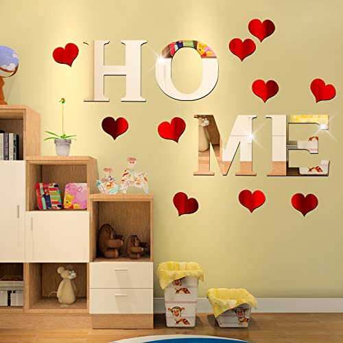 14PCS Mirror Wall Decor Home Sign Letters for Wall Stickers Decal, Silver 3D Art Red Heart Sticker for Bedroom Family Farmhouse Office Modern Living Room Decor
