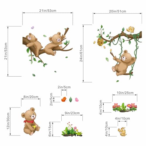 Woodland Bear Wall Stickers - Baby Animal Tree Branch Wall Decals - Nursery Kids Girls Boys Room Daycare Playroom Classroom Wall Decor