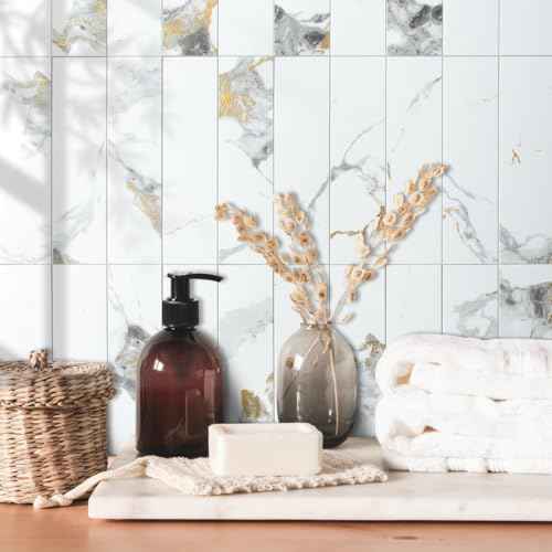 AULIGET 40-Piece Polished White Marble with Gold Peel and Stick Backsplash Wall Tiles, 3" x 12" PVC Faux Stone Stick on Tiles for Backsplash Kitchen, Bathroom, Laundry Room, Camper, Fireplace