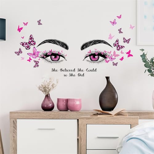 Pink Eyelash Eyes Butterfly Wall Stickers, sacinora Inspirational Quotes Motivational Word DIY Wall Decals Removable Vinyl Peel and Stick for Women Girl Kids Living Room Bedroom Nursery Art Decor