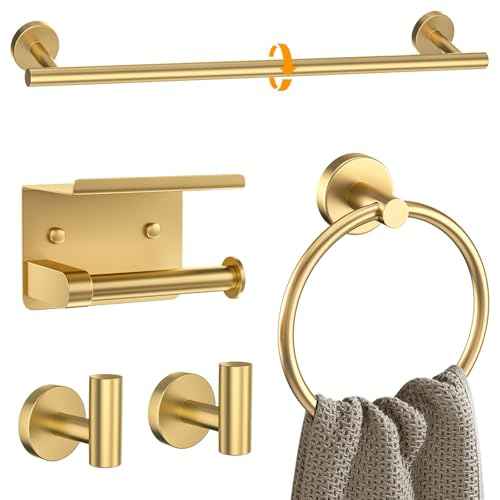 Brushed Gold Bathroom Hardware Set 5 Pieces Towel Bar Set Round Towel Holder Set for Bathroom,Upgraded Toilet Paper Holder with Shelf,Stainless Steel Wall Mounted 23.6 Inch