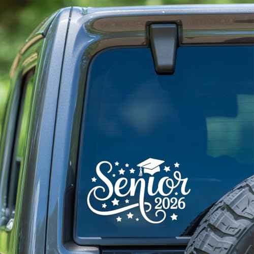 Senior 2026 Graduation Decal with Cap and Stars, Script Font Class of 2026 Sticker Waterproof Vinyl Car Laptop Window Decoration School Spirit Graduate Gift 7 Inches