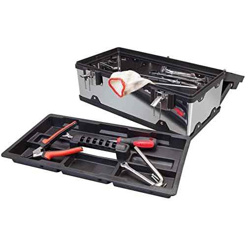 Road Dawg ROAD DAWG A5519BD Torin 18" Stainless Steel Portable Storage Tool Box Organizer with Metal Lock, Clear Lid Compartments, and Removable Tray - Stainless Steel/Black