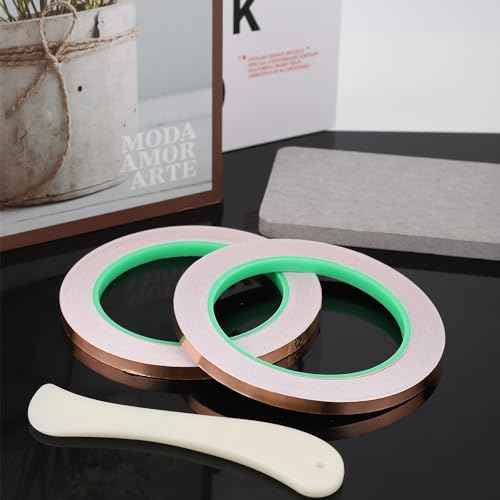 2 Rolls Copper Foil Tape, 1/4 Inch Wide Adhesive Copper Foil Tape for Stained Glass Double-Sided Conductive Tape with Plastic Scraper for Electrical Repair Paper Circuits Handicrafts