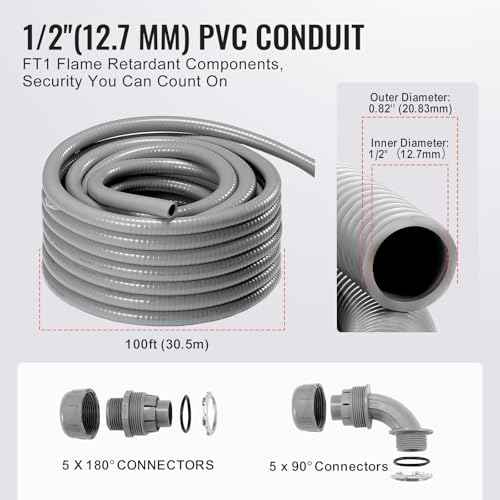 VEVOR 1/2-Inch (100FT) Flexible Electrical Conduit, PVC Liquid-Tight Conduit Non-Metallic with 5 Straight and 5 90-Degree Fittings, for Air Conditioning Motor Controller Pump, IP65