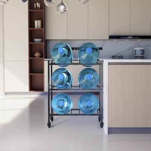 Heavy Duty 3 Tiers Water Rack Double Row with 4 Wheels - Space Saving Dispenser Stand 5 Gallon Water Storage Rack Bottle Jug Holder Organizer/Lockable&Removable Casters/Kitchen Office Garage/6 Slots