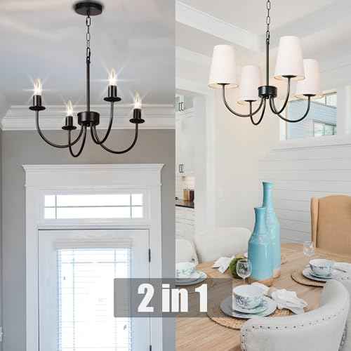 Modern Black Chandeliers for Dining Room, with White Linen Fabric Shade, Adjustable Height Rustic Small Farmhouse Lighting Fixture for Foryer, Entryway, Kitchen, Bedroom (4-Lights)