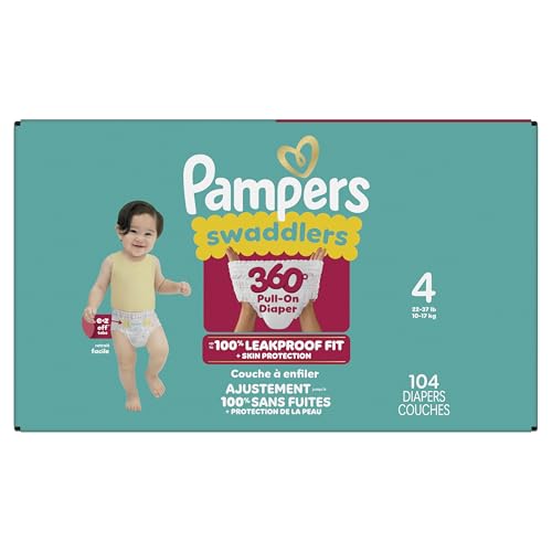 Pampers Diapers - Swaddlers 360° - Size 4, 104 Count, up to 100% Leakproof Comfy Dry Fit, Designed for Easy Changes, Pull On Baby Diaper (Packaging May Vary)