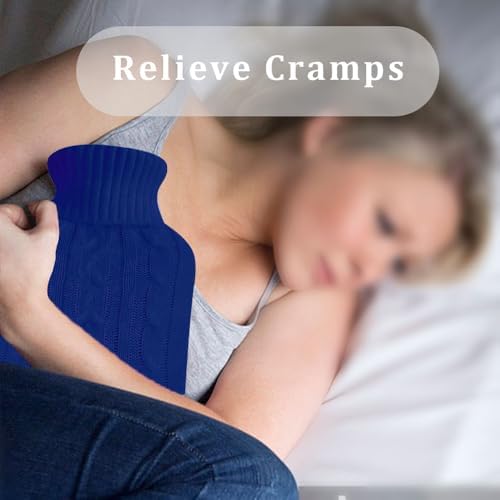 Hot Water Bottle with Knitted Cover,2L Hot Water Bag,Hand Warmer Bag,Hot and Cold Therapies for Sore Muscles,Menstrual Cramps,Neck and Shoulder Pain Relief,Great for Women,Childs (Blue)