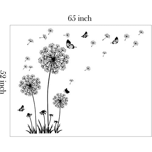Runtoo Black Dandelion Wall Art Stickers - Large Flower Butterfly Wall Decals for Bedroom & Living Room