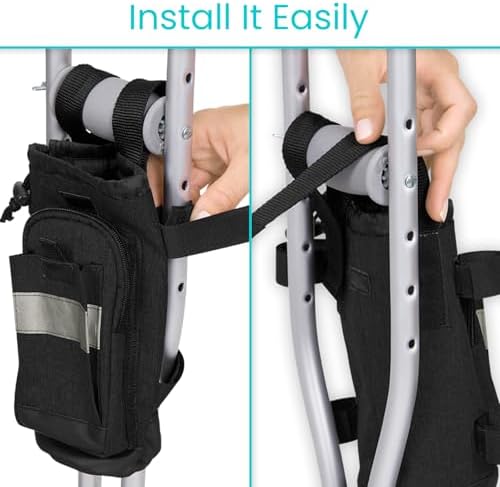 Vive Crutch Accessories Bag - Pouch for Crutches - Accessory Storage Carry Kit for Women, Men, Adults, Kids - Cup and Bottle Pocket Holder with Ergonomic Design (Black)