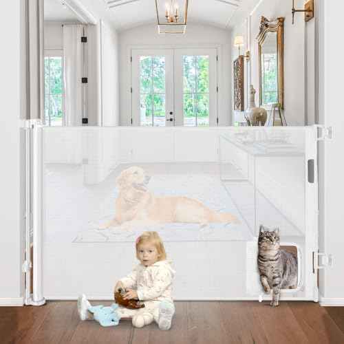 Retractable Baby Gates with Cat Door 80" Wide Retractable Dog Gate with Pet Door Outdoor Retractable Gate for Dogs Retractable Pet Gate with Door Mesh Baby Gate Retractable Mesh Dog Gate (White)