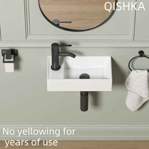Wall Mount Bathroom Sink, QISHKA 16" x 8.5" Modern Ceramic Rectangular Floating Sink, White Rectangle Wall Hung Wash Basin Vessel Sink, Save Space for Bathrooms (Left Hand)