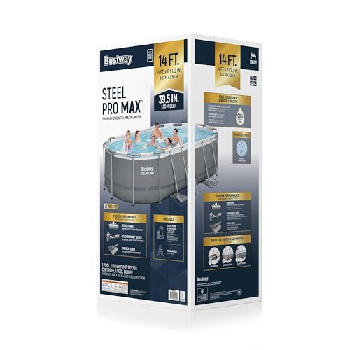 Bestway Steel Pro MAX 14' x 8'2" x 39.5" Oval Above Ground Swimming Pool Set, 530 GPH Filter Pump, Ladder, Tritech Puncture Resistant Liner, ClickConnect Steel Frame, Gray