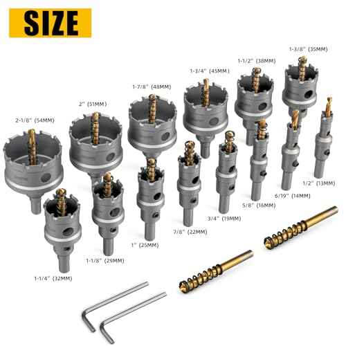 16 PCS TCT Hole Saw Kit for Hard Metal, 5/8" to 2-1/8" TCT Hole Cutter Set, Stainless Steel, Iron, Wood, Plastic, with 2*Extra Titanium Plated Pilot Center Drill and 2*L-Wrench