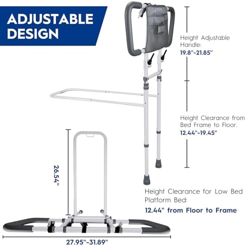 Bed Rails for Elderly Adults Safety – Foldable & Adjustable Bed Assist Rail with Motion Sensor Light & Storage Pouch, Non-Slip Handle, Tool-Free Assembly, Fits King, Queen, Full, Twin Beds