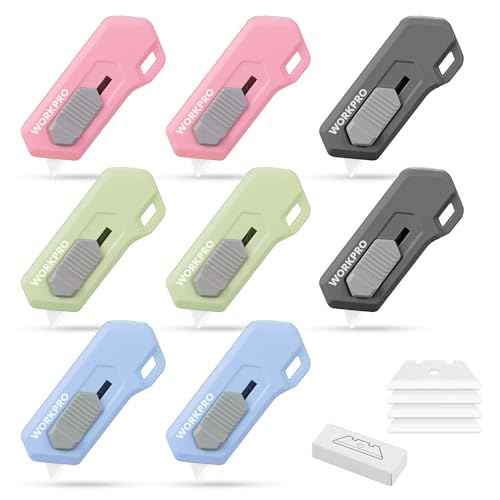 WORKPRO 8PCS Ceramic Small Safety Box Cutter, Automatic Rebound Mini Letter Opener, Quick Change Retractable Blade Razor Knife, with Extra Blades