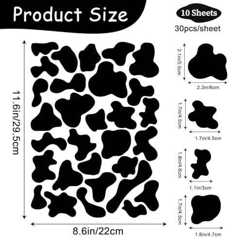 300 Pcs Black Vinyl Cow Print Wall Decals, Peel and Stick Modern Cow Spot Stickers, for Nursery, Classroom, Farmhouse Wall, Furniture, Mugs Decal