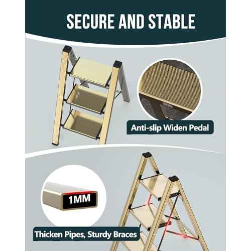 WOA WOA Step Ladder, 3 Step Foldable Step Stool with Widen Pedals, Portable Home Ladders for Kitchen, Lightweight Aluminum Stepladder, Compact Ladder for Space Saving (300lbs, Gold)