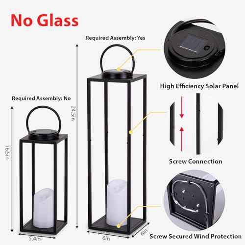 Large Solar Outdoor Lanterns, 25" 16" Tall Farmhouse Black Metal Waterproof Decorative Lanterns with Solar Candles for Front Porch, Patio, Christmas, Fall Decor- Set of 2