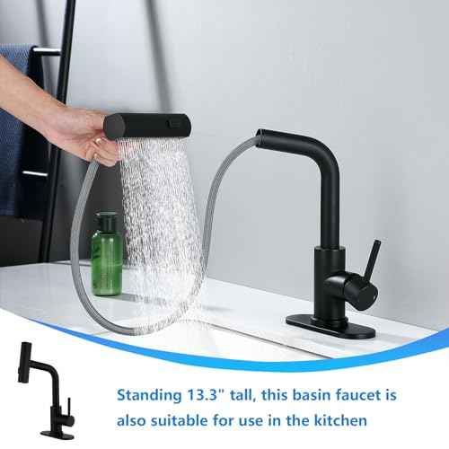 TRIPHIL Waterfall Bathroom Faucets with 3 Mode Pull Down Sprayer,Single Handle Modern Bath Sink Faucet with Pop Up Drain and Deck Plate,Matte Black 1 Hole RV, Bar,Restroom,Lavatory,Vanity Tap