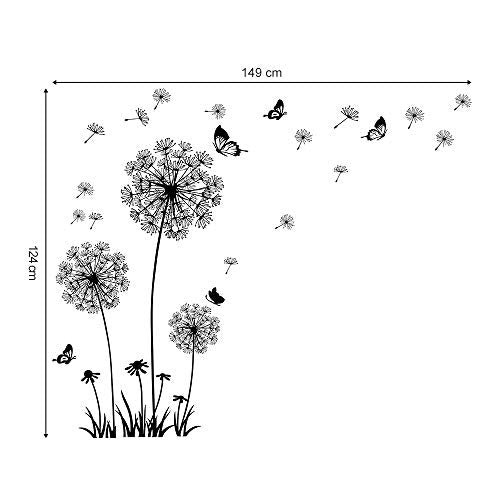 decalmile Dandelion Wall Decals Flying Flowers Butterflies Wall Stickers Dandelion Wall Art Living Room Bedroom Decor (Black)