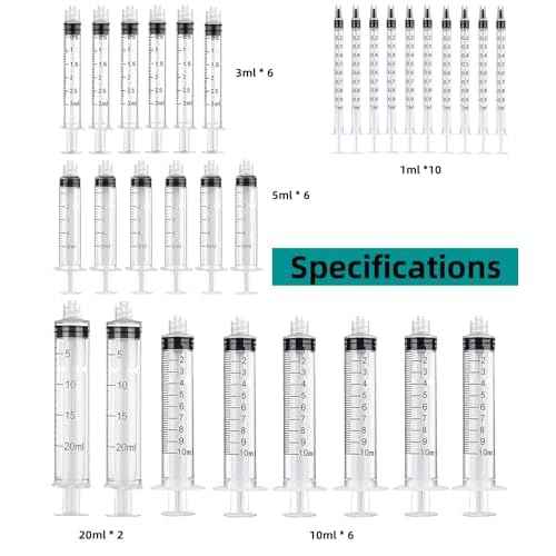 30 pack 1ml, 3ml, 5ml, 10ml, 20ml Measuring Dispenser with14ga,16ga, 18ga, 20ga, 22ga, 25ga Dispensing Accessories and Caps for Measuring and Refilling