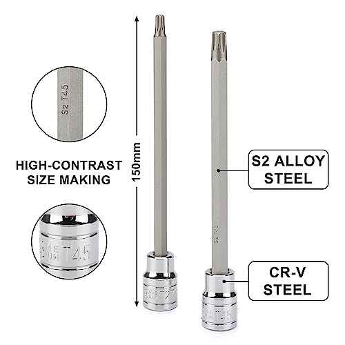 EMENTOL 12PCS 3/8" Drive Extra Long Torx Bit Socket Set, CR-V, S2 Steel, 5.9" Length Star Bit Socket Set, T10 - T60