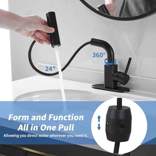 RUMOSE Matte Black Bathroom Faucets with 4 Mode Pull Down Sprayer Single Handle Waterfall 360¡ÆRotatable Bath Sink Faucet with Pop Up Drain 1 or 3 Hole Pull Out Bar Vanity Faucet with Deck Plate