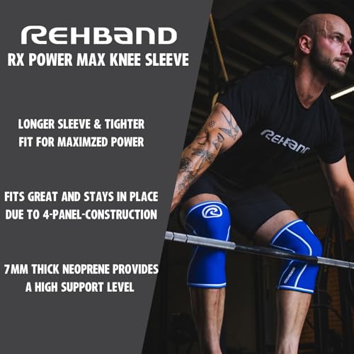 Rehband 7mm Power Max Knee Compression Sleeve for Strength Sports, Competition Grade, Neoprene Knee Sleeves for Bodybuilding & Heavy Powerlifting, Colour:Blue - 1 Pair, Size:Small
