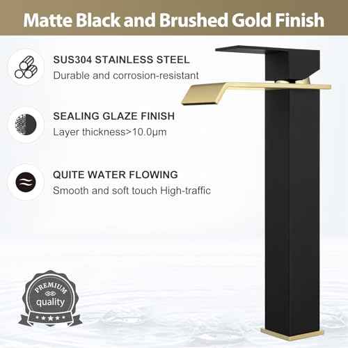 Vessel Sink Faucet Black and Gold, Single Hole Tall Bathroom Faucet, Modern SUS304 Stainless Made, Pop-up Drain & Supply Hose Included, Home D?cor Improvement