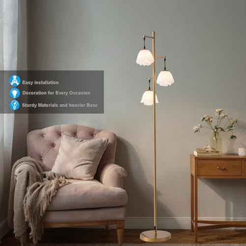 Fiqevs Flower Floor Lamp for Living Room, Mid Century Gold Floor Lamp with 3 Floral Shades and Bulbs Included, Elegant Standing Tree Lamp for Kids Room, Bedroom Office - Antique Brass