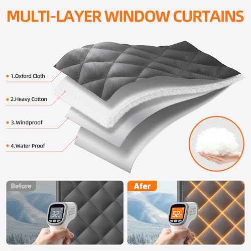 Window Insulation Kit for Winter 75"x79" Cold Weather Thermal Curtain with Heavy Cotton, Insulated Window Cover for Winter & Windows Draft Blocker for Winterizing Windows in Home RV Basement?Black