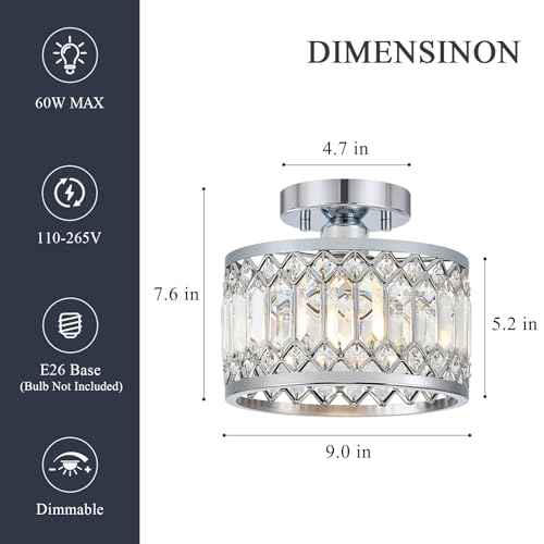 Crystal Chrome Ceiling Light, Modern Semi Flush Mount Ceiling Lighting Fixture, Round Hallway Lighting Fixtures for Entryway Kitchen Bedroom Laundry Room, 1-Light, 9 Inch