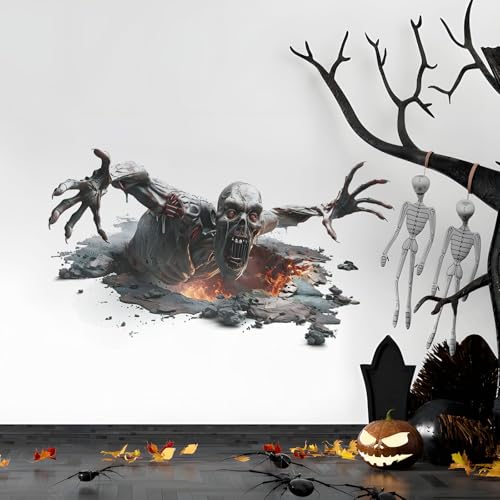 3D Halloween Floor and Wall Decals - Horror Skeleton Zombie Stickers for Living Room, Peel and Stick Vinyl Decorations for Bar Pub Party Supplies