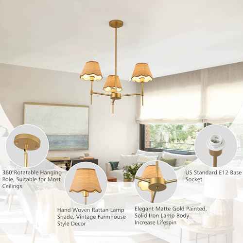 Gold Farmhouse Chandelier 3-Light Boho Pendant Lamp with Rattan Shade 26¡®¡¯ Rustic Chandelier Light Fixture with Height Adjustable Hanging Pole for Dining Room, Living Room, Bedroom, E12 Base