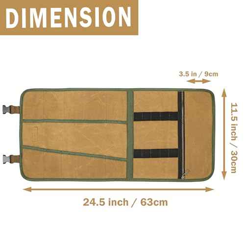 Canvas Tool Roll, Portable Roll Up Tool Pouch - 16OZ Waxed Canvas Wrench Organization | with 12 Slots & Elastic Band & 1 Zippered Pocket | for Pliers Chisels Spanners Screwdrivers