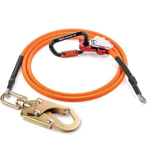 TRSMIMA Steel Wire Core Flipline - 8ft Fall Protection Arborist Climbing Tree Arborist 1/2" Galvanized Steel Cable Lanyard Kit with Swivel Snap Hook Triple Lock Carabiner Rope Grab Adjuster