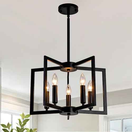 Black Chandelier,5-Light Dining Room Light Fixture Modern Farmhouse Geometric Metal Hanging Industrial Chandeliers for Entryway Kitchen Island Foyer Lighting Fixtures