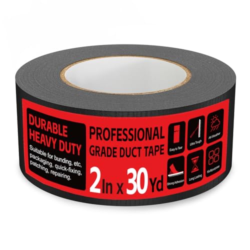 Black Duct Tape Heavy Duty - 2 Inch x 30 Yard, Strong Adhesive and No Residue, Waterproof Duct Tape Tearable for Indoor or Outdoor Seal and Patch Projects, Multi Purpose Repairs