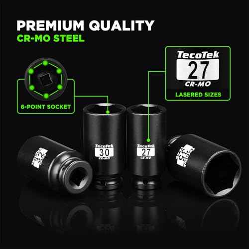 1/2" Drive Deep 6-Point Impact Socket Set, 13-Piece Spindle Axle Nut Impact Socket Set, Cr-Mo, Metric (17mm to 41mm), Enhanced Storage Case