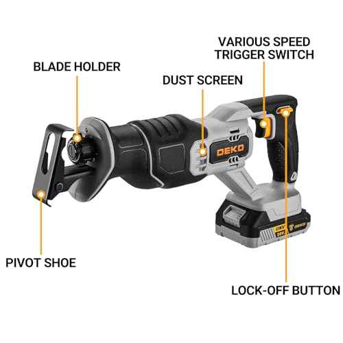 Cordless Reciprocating Saw: DEKOPRO 20V Lithium Ion Power Reciprocating Saw with Battery and Charger, Variable Speed Trigger, 25/32" Stroke Length, 0-2800RPM and 4-5/16" Max for Wood, Metal, PVC