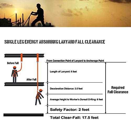 Single Leg 6-Foot Fall Protection Internal Shock Absorbing Stretchable Safety Lanyard with Snap & Rebar Hook Connectors CSA£¦ANSI Compliant