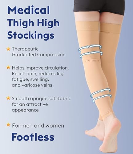 KEKING Thigh High Compression Stockings Footless, Unisex, 15-20mmHg Leg Support Compression Sleeves with Anti-Slip Silicone Band, Opaque, Treatment Swelling, Varicose Veins, Edema, DVT, Beige 5X-Large