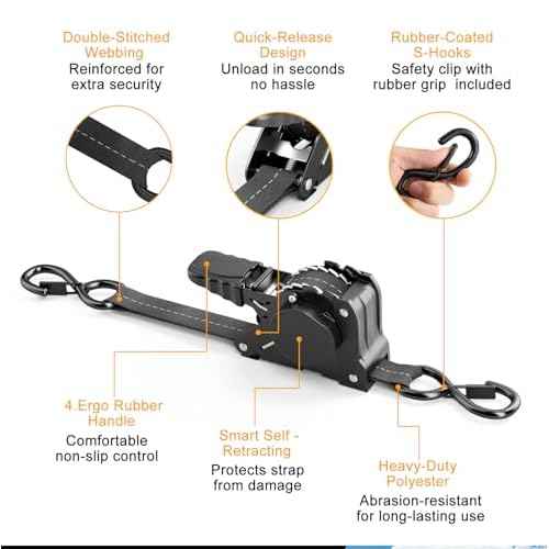 Retractable Ratchet Straps, 1 inch ¡¿ 13 Feet Heavy Duty Auto Self Retractable Ratcheting Tie Down Straps 1500lbs Break Strength, Automatic Ratchet Strap for Truck Bed Cargo Trailer, 4 Pack