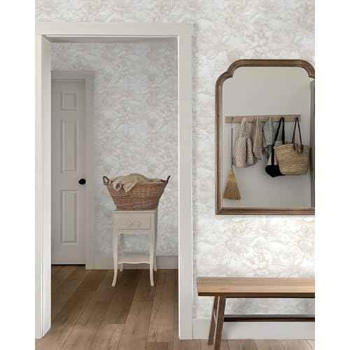 Ismoon Large Floral Peel and Stick Wallpaper Boho Beige Contact Paper 17.3inx6.5ft Neutral Wall Paper Removable Self Adhesive Wallpaper Bedroom Cabinet Bathroom Waterproof Mural Wall Decor Vinyl Roll