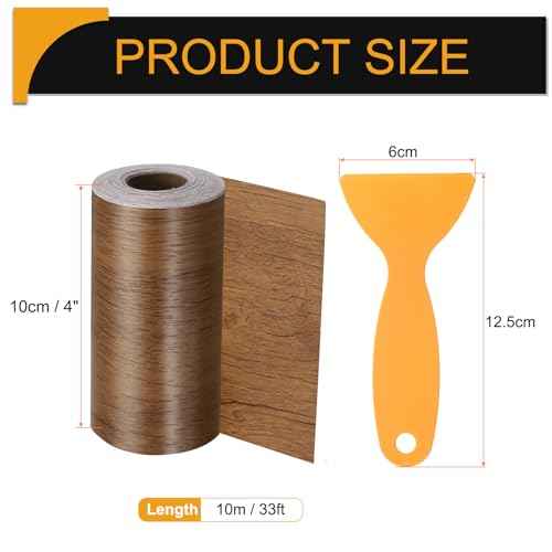 HARFINGTON Wood Grain Repair Tape 4 Inch x 33ft Self Adhesive Repair Patch Tape Simulated Wooden Floor Tapes with Plastic Scraper for Tables Doors Windows Furniture, Brown Wood