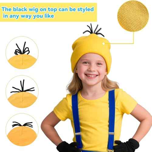 5Pcs Halloween Costumes for Girls Kids Yellow Beanie Tutu Goggles Gloves Suspenders - Cosplay Party Dress Up Set