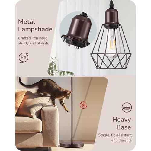 EDISHINE 70IN Industrial Floor Lamps for Living Room, Dimmable Farmhouse Corner Reading Lamp, Diamond-Shaped Lampshade, 3 LED Edison Bulbs Included, Rustic Tree Standing Lamp for Bedroom, Brown